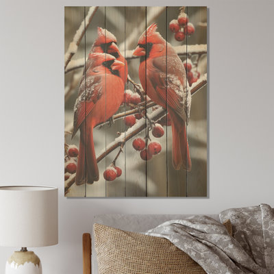 Cardinals In Christmas Winter Scenery II - Winter Landscape On Wood Print