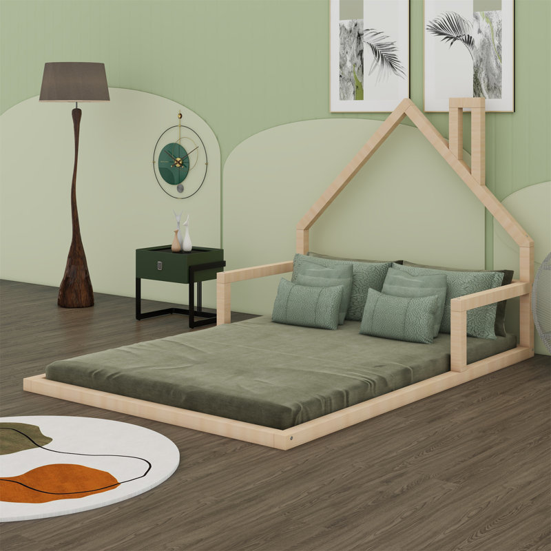 Wood Floor Bed with House-shaped Headboard, Natural, Full