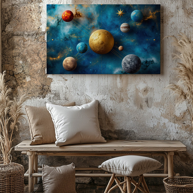 Toile dans un tableau cosmique envoûtant, un tableau vibrant de planètes, art mural sur fond bleu et doré, H 9 po x l 12 po