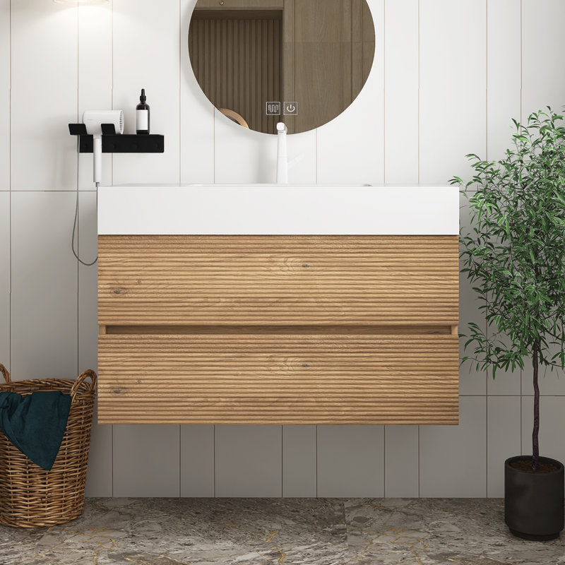 Meuble-lavabo moderne en chêne brut 36 po avec lavabo en quartz d'ingénierie blanc brillant et tiroirs doux, meuble-lavabo mural flottant
