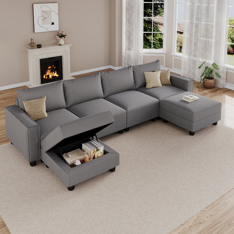 Modern Linen Modular Sectional Sofa U Shaped with Extra Deep Seats and Storage Ottomans, Gray Linen