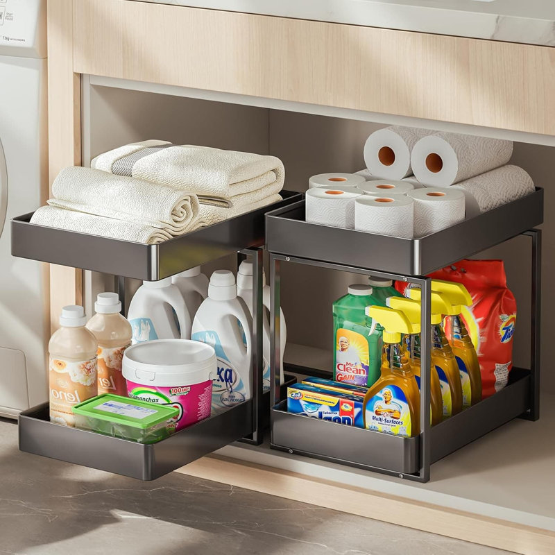 2-Tier Pull-Out Under Sink Organizer, Heavy-Duty Metal Cabinet Drawer Shelf For Bathroom And Kitchen Storage, Multi-Purpose Space Saving Solution