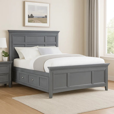 Lile Full Bed With Crown Moulding, Storage Drawers, Gray Solid Wood