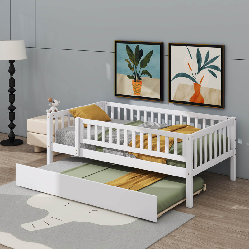 Wooden Daybed With Underbed Trundle And Fence-Style Guardrails, Twin, White