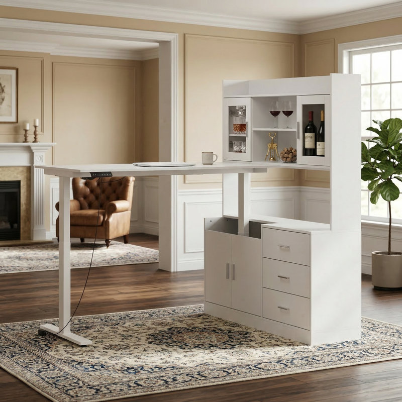 Adjustable Height Corner Bar Table With Glass Door, Shelves & Drawers, Reversible Design