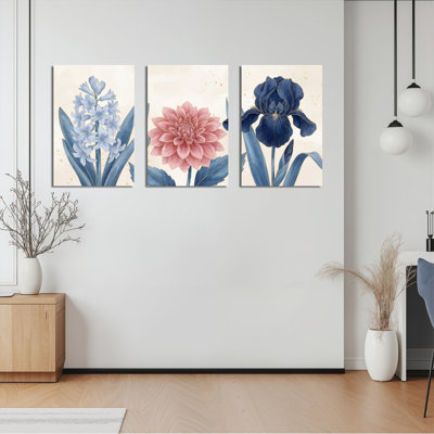 Blue Hyacinth Pink Dahlia And Blue Iris Floral Canvas Wrapped Wall Art Oil Painting Print Set Of 3 For Living Room Bedroom Home Decor