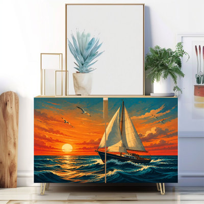 Narrow 35.4'' Wide Sideboard Buffet Cabinet - 2-Door Accent Storage Cabinet With Sailing Boat Ocean Waves Vibrant Sunset Seagulls Print And Metal Legs