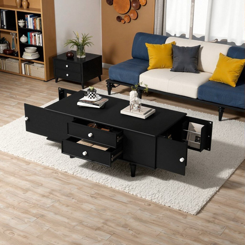 Table basse rectangulaire moderne noire avec 4 tiroirs et rangement caché, 47,2 pouces - Pieds en bois massif pour une décoration polyvalente