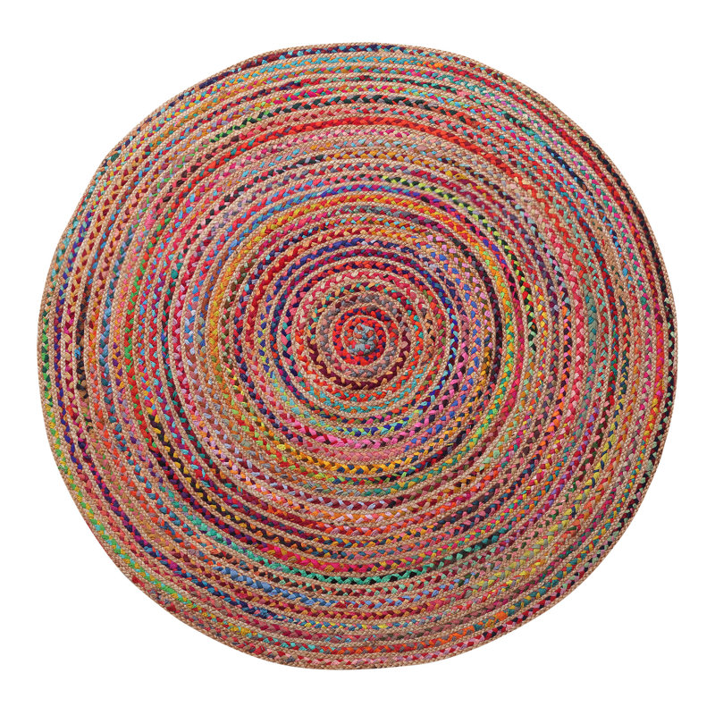 Tapis rouge / bleu / vert en jute / coton tressé à la main Lightle Chindi, Rond 3 pi
