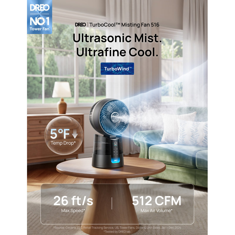 DREO Portable Evaporative Cooler Table Fan W/remote 6 Speeds 150° Oscillation 3 Modes 1.5l Water Tank 12h Timer, Grey