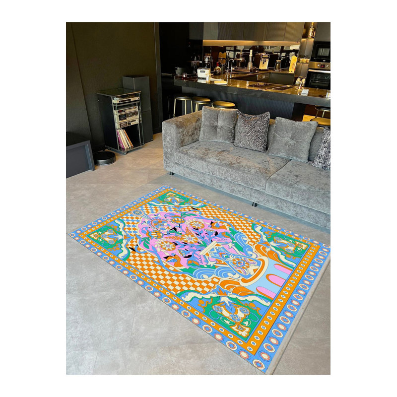 Multicolor Flower and Checkered Detail Woven Base Modern Decorative Machine Washable Rug