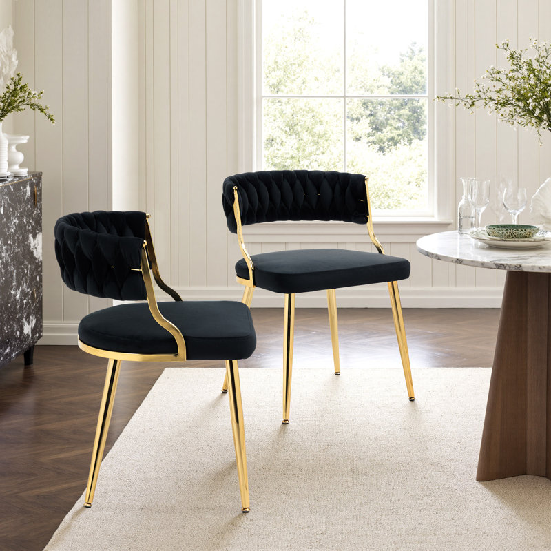 Christal 2 Piece Tufted Velvet Curved Weaved Back with Metal Legs Side Dining Chair Set, Black