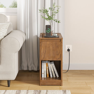 End Table With Flip Top, Side Table With Storage And Charging Station, Narrow Couch Side Table With Drawer And Wheels