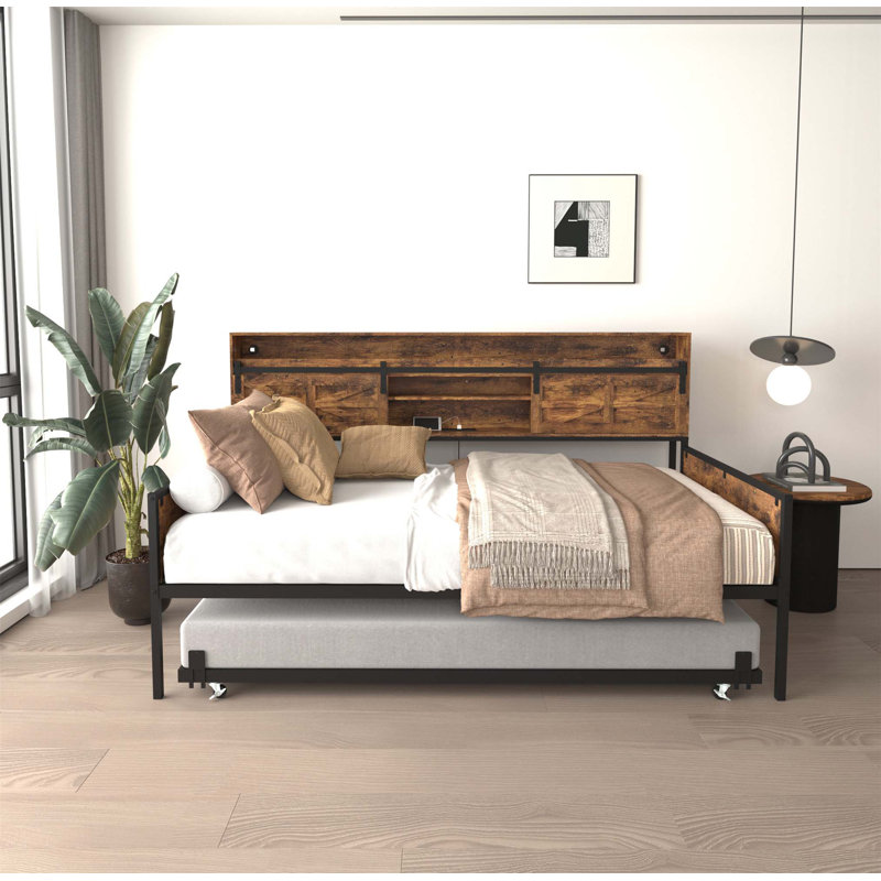 Twin Daybed with Trundle, Storage Shelves, Study Desk, and LED Charging Station for Space-Smart Living., Black/Brown