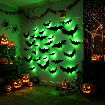 36 Pack Bats Halloween Decorations Indoor Bat Wall Decor | Light Up Green LED, Assorted Size, 3D Bat Stickers, for Bedroom Party Walls Bathroom Mirrors Garages Door, Indoor/Outdoor Use