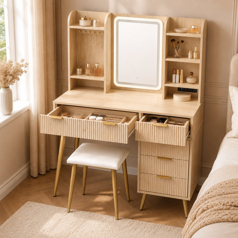 Ensemble de coiffeuse avec miroir lumineux à DEL et prise de courant, bureau de coiffeuse cannelé à 5 tiroirs avec tablettes de rangement ouvertes et tabouret rembourré, station de maquillage pour chambre à coucher moderne en bois clair