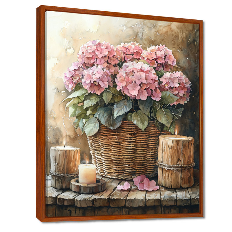 Hortensias dans un panier tressé avec bougie II - hydrangées, art mural, Brun, Reproduction avec cadre flottant