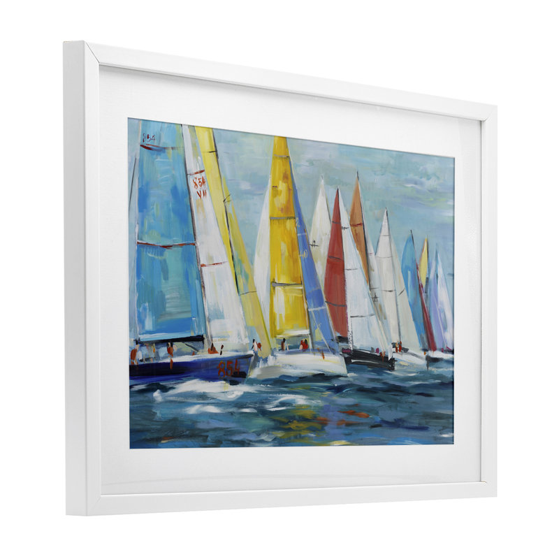 Colourful Sails Coastal Scene Framed Print Under Glass, design by Lorenzo Collective, 17" H x 23" W, Coastal White Frame