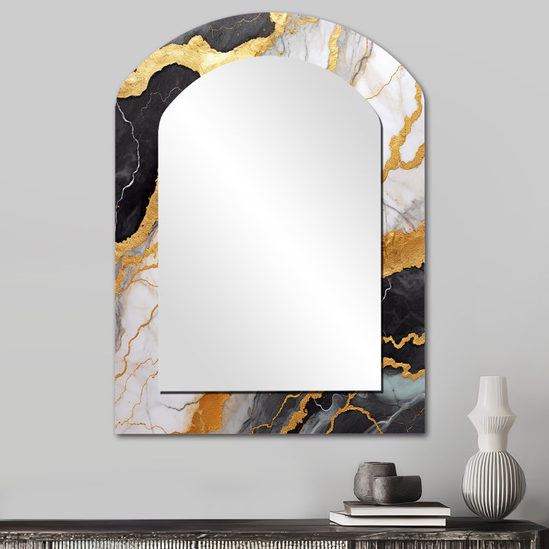 Or et gris abstrait marbre Mirage I - décor de miroir mural asymétrique unique en marbre, grand miroir en arc doré, impression d'art en métal
