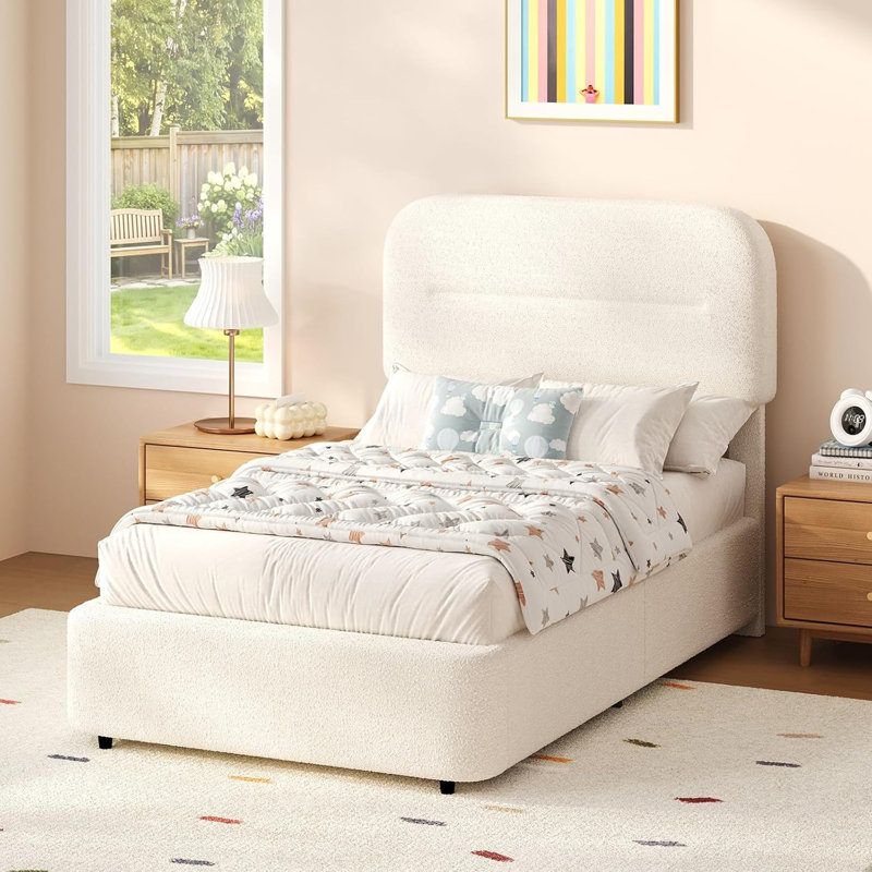 Ensemble de lit plateforme tapissier et de tables de chevet 2 tiroirs Modern Boucle, Blanc; chêne naturel, Lit simple