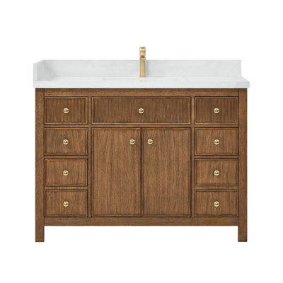 Meuble-lavabo simple 48 po Rian en noyer grillé, comptoir en quartz Giotto, lavabo carré encastré (1 trou), garniture bronze satiné