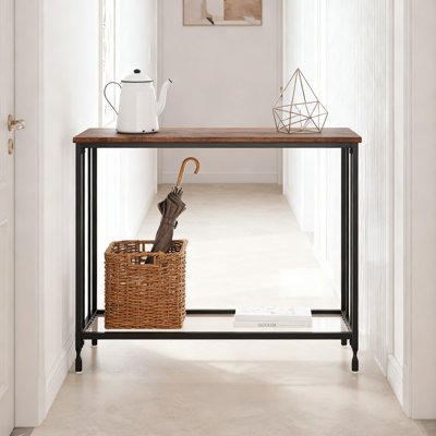 Narrow Console Table With Glass Shelf And Metal Frame, Slim Sofa Table For Small Spaces, Entryway Hallway Table With Rustic Finish by 17 Stories