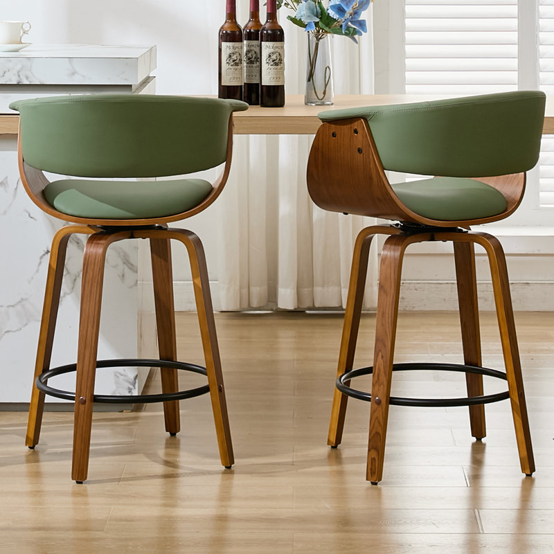 Modern Upholstered Swivel 30'' Bar Stools, Wood Kitchen Island Stools with Footrest, Green, Bar Stool (30" Seat Height)