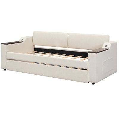 Twin Size Upholstery Daybed with Storage Arms, Trundle and USB Design -  Hokku Designs, B79C77C1DD664DCD9070DD4EA7D96BDC