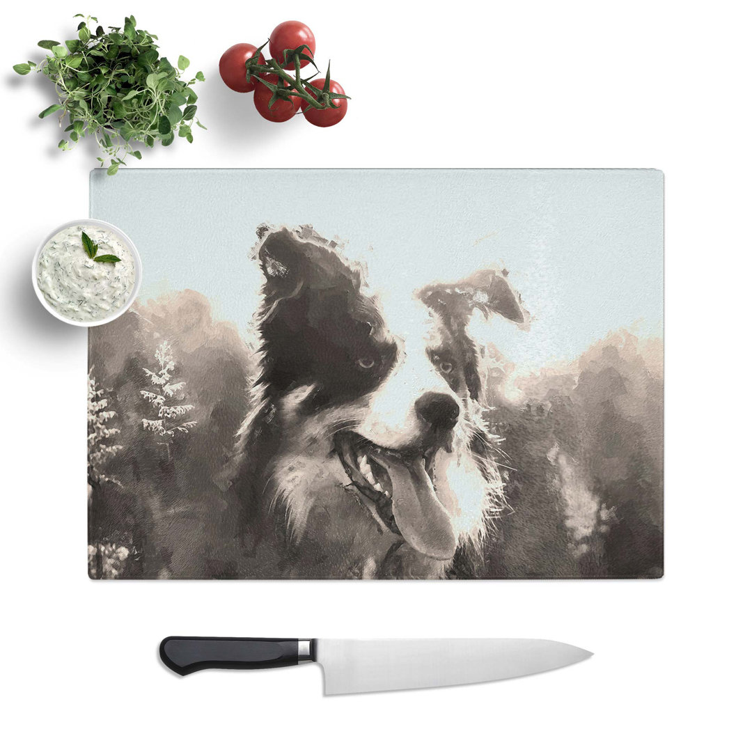 Tempered Glass Border Collie Dog in a Meadow Chopping Board