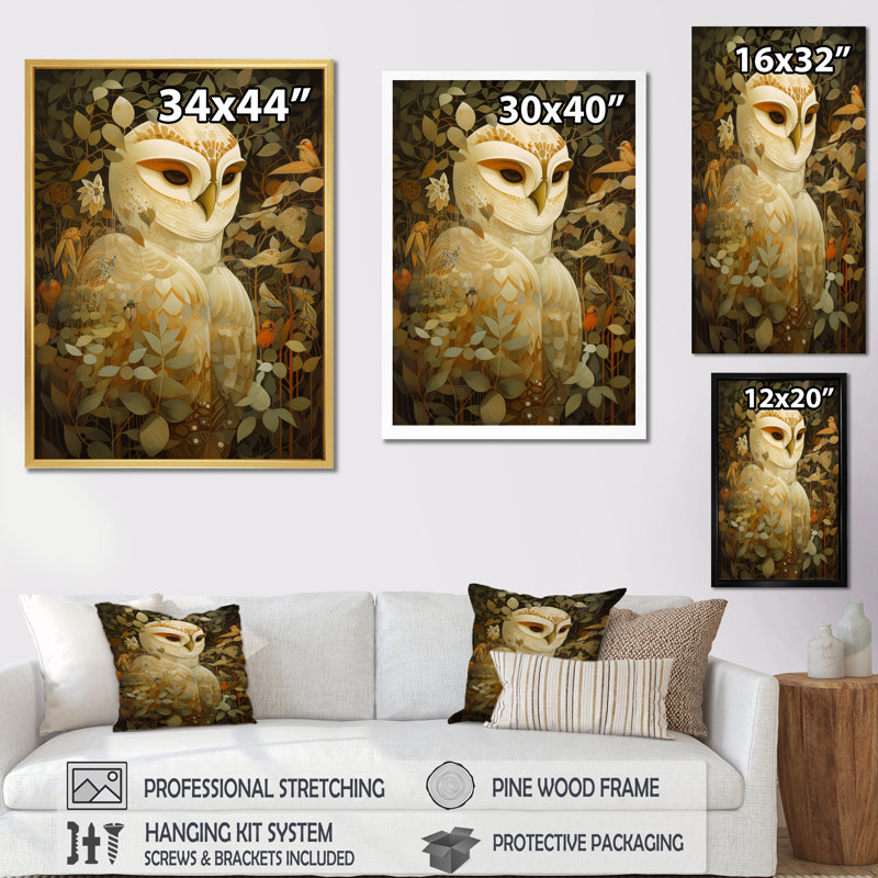Portrait rétro hibou blanc magique, H 20 po x l 12 po x P 1 po, Cadre photo doré
