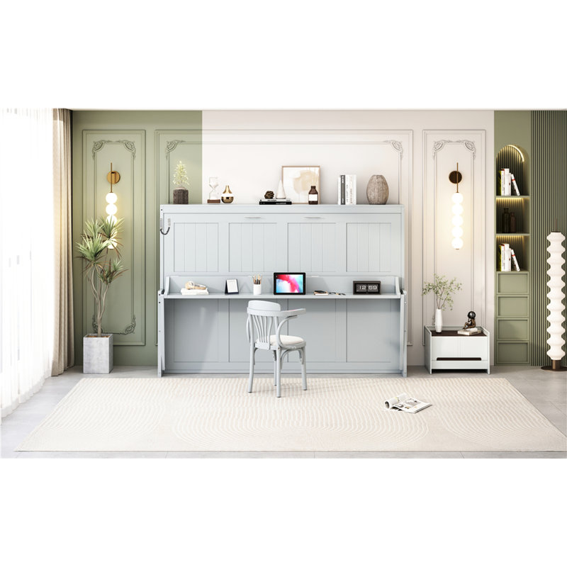 Grand lit gris avec bureau à charnières hydraulique et rangement, peu encombrant pour les petites pièces, structure d'une capacité de 600 lb, option de rangement pour matelas, fonction de levage compatible de 10 pouces, appartements, encastré