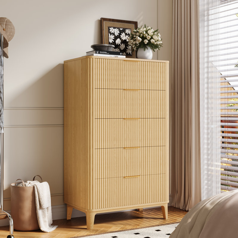 45" Fluted Design 5-drawers Dresser Organizer, Tall Chest Of Drawers, Nature