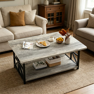 Table basse rectangulaire à tablette ouverte avec structure en métal en forme de X, table de salon de style campagnard à 2 niveaux, table de canapé de style industriel