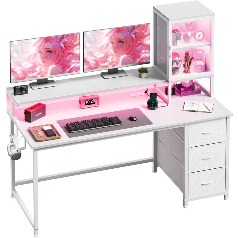 Computer Desk with 3 Fabric Drawers & 2-Tier Table Cabinet, Gaming Desk with LED Light Strip, Power Outlets & Headphone Hook