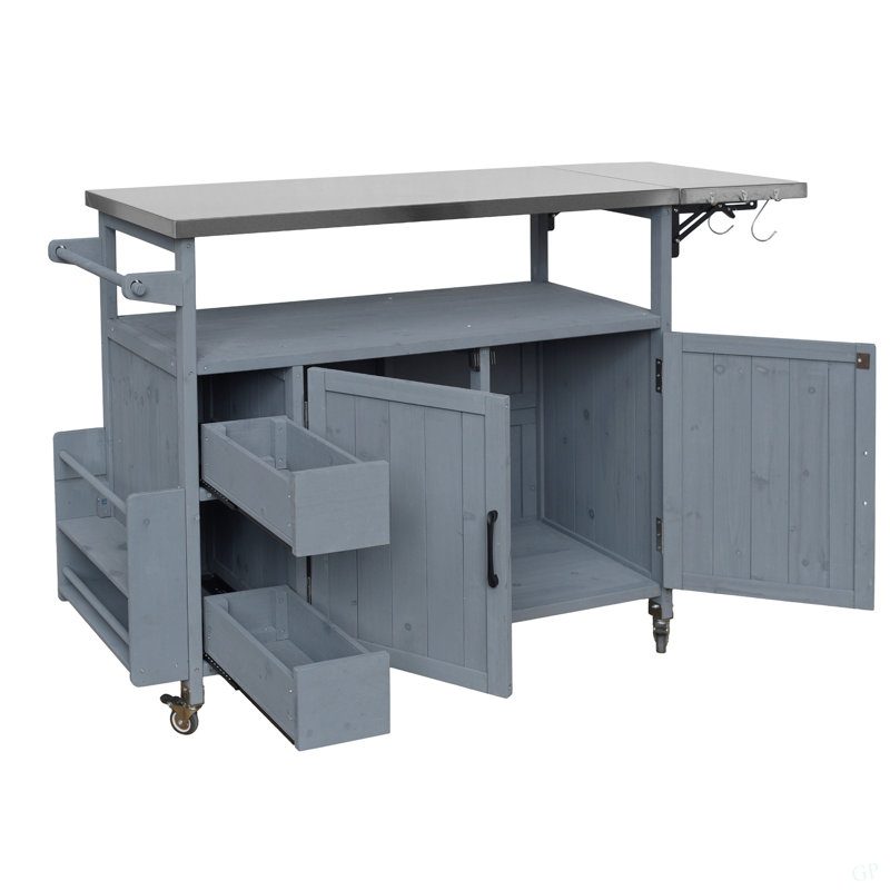 54.33" Farmhouse Rolling Outdoor Kitchen Cart, Solid Wood Frame With Stainless Steel Top, Spice Rack, Towel Rack, Lockable Wheels & Multi-Functional Storage For Patio, Backyard BBQ & Kitchen
