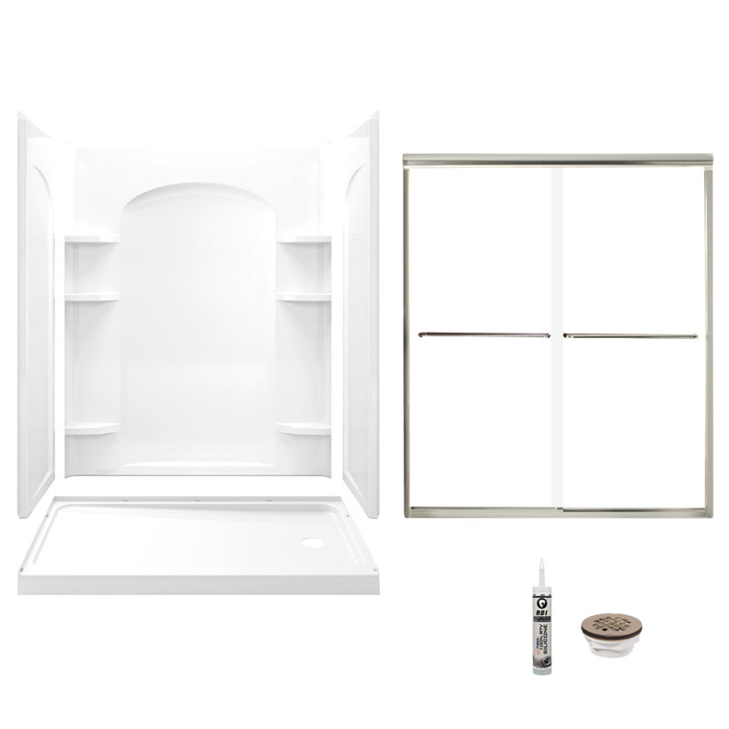 60" White and Nickel Frameless Sliding Shower Kit with Clear Glass