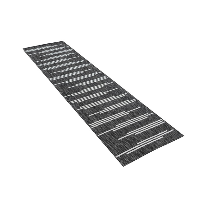 Geometric Machine Woven Polypropylene Indoor / Outdoor Area Rug in Black/White, Runner 2' x 5'3"