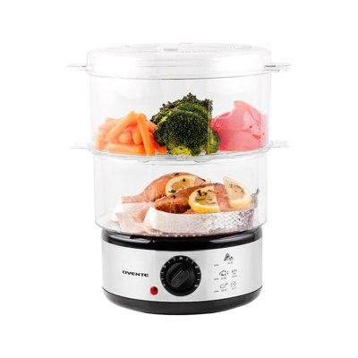 OVENTE 2 Tier Electric Food Steamer for Cooking Vegetables, Stainless Steel Base, Stackable and Dishwasher Safe Baskets, 400W with Auto Shutoff and 60-Minute Timer, 5 Quart Capacity, Silver FS62S