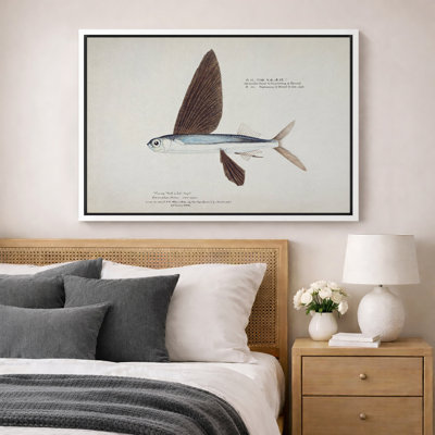 Œuvre nautique rétro de poisson volant, photos de salon côtier, impression sur toile encadrée.