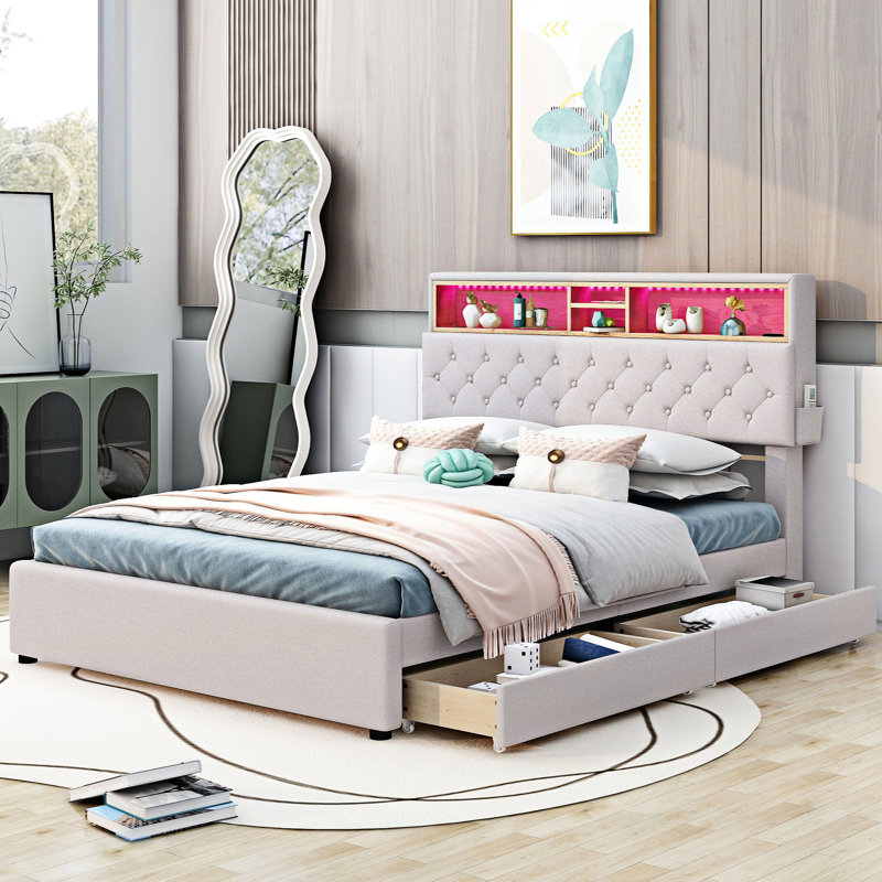 Lit plateforme avec rangement Emoni, Double, Beige