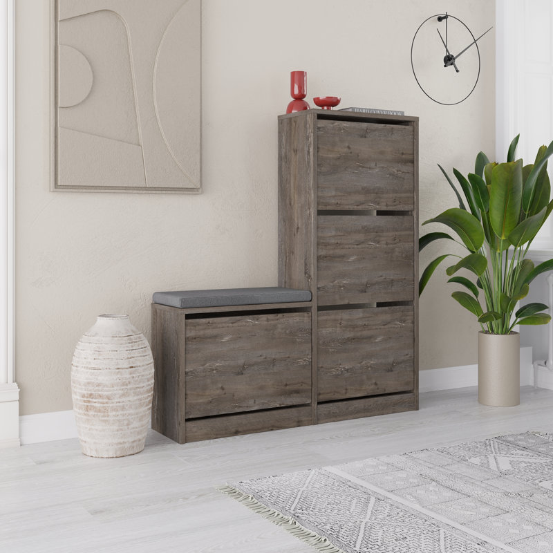 Dude Modern Bench Shoe Cabinet 4 Drop-Doors, Dark Coffee