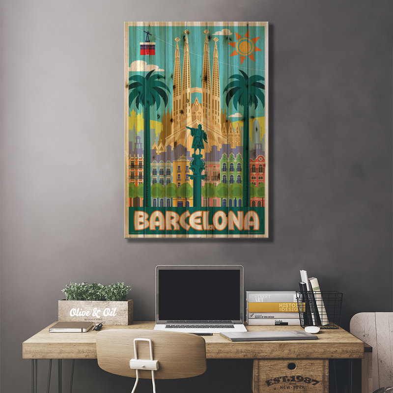 Affiche Harender Barcelona Travel - sans cadre, impression sur bois, H 26 po x l 18 po x P 1,5 po
