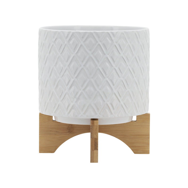 Gillett Modern Ceramic Planter with Wooden Stand - Stylish Textured Design, Contemporary Home Decor Accent, Durable Stoneware Construction, Sleek and Minimalist Look for Indoor Spaces