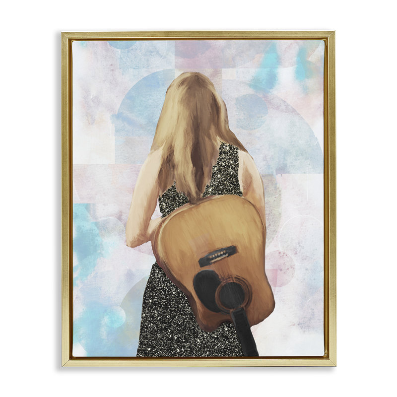 Cadre flottant Dreaming With My Guitare, design par Dan Meneely, Cadre flottant métallique doré, H 21 po x l 17 po