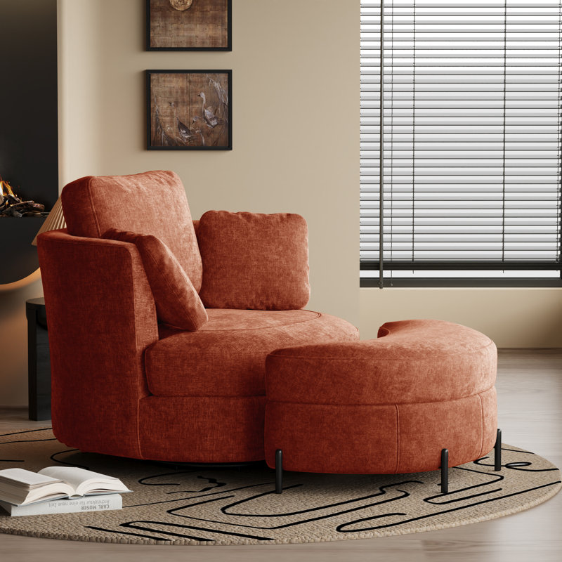 Ensemble de fauteuil d'appoint, fauteuil demi-tonneau pivotant à 360 ° et repose-pieds avec rangement, Terracotta
