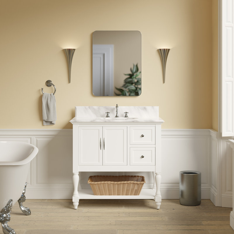 Hampton 36'' Single Bathroom Vanity with Top, White, Carrara Marble