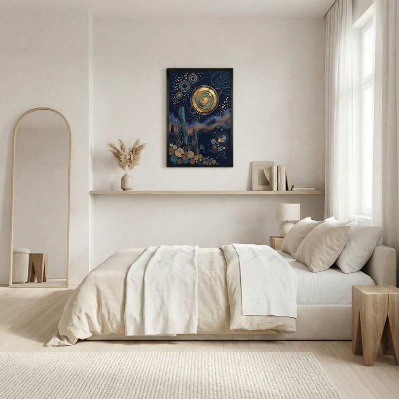 Art mural de planètes dorées et d'étoiles étoilées sur toile bleu marine foncé, 18"H x 12"W