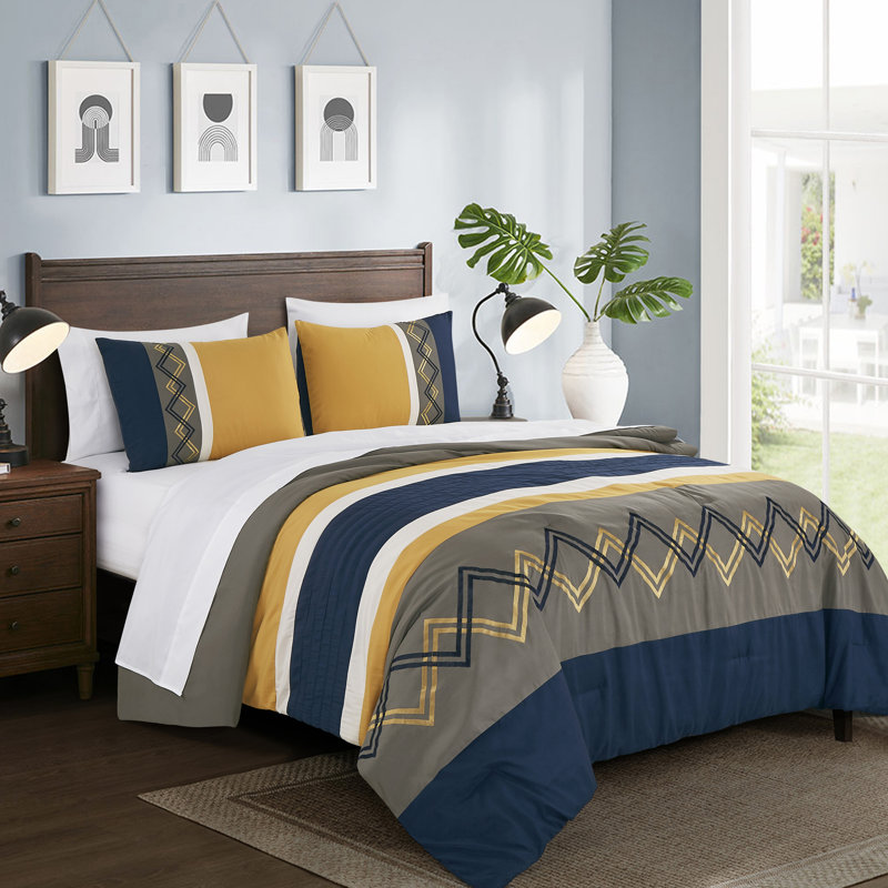 7-Piece Modern Pleated Stripe Embroidered Comforter Set with Sheets, Navy/Gray/Yellow, Queen Comforter + 6 Additional Pieces