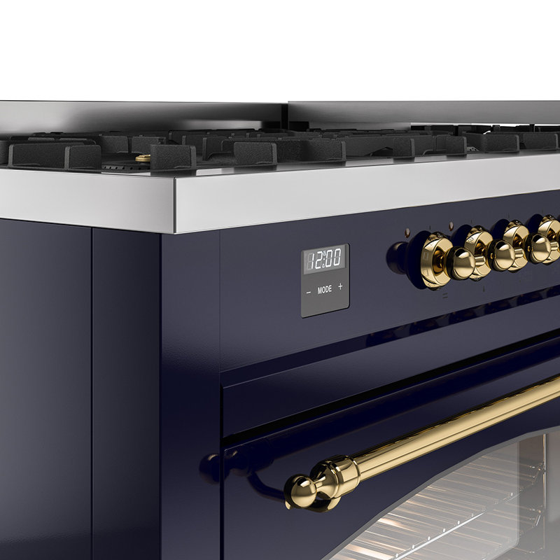 ILVE Nostalgie II 60 Dual Fuel Range, 9 Burners, Griddle, Natural Gas, Midnight Blue/Brass