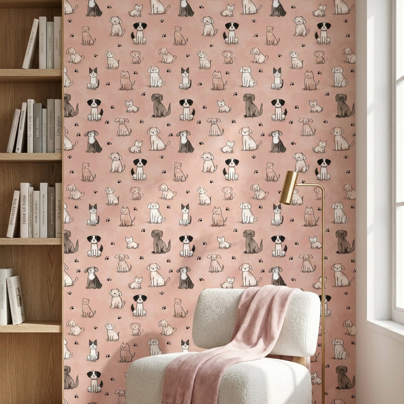Dessin animé animaux, papier peint décoratif rose, Peler et coller